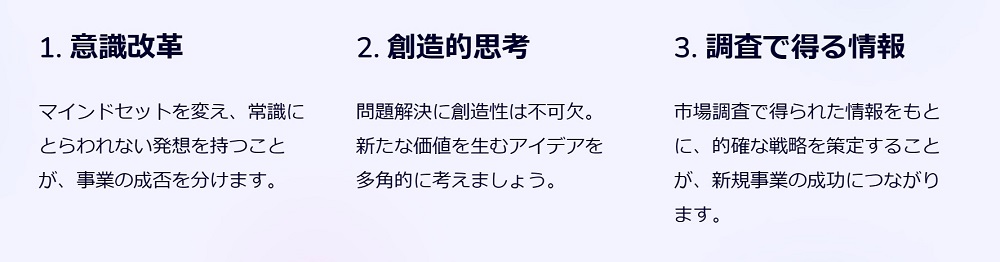 新規事業の成功率を高めるためのポイント３つ 1. 意識改革 マインドセットを変え、常識にとらわれない発想を持つことが、事業の成否を分けます。 2. 創造的思考 問題解決に創造性は不可欠。新たな価値を生むアイデアを多角的に考えましょう。 3. 調査で得る情報 市場調査で得られた情報をもとに、的確な戦略を策定することが、新規事業の成功につながります。